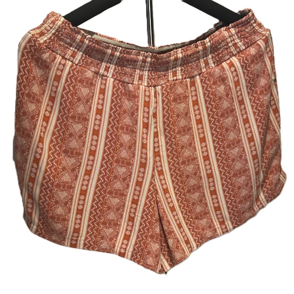 Knox Rose Boho Smocked Waist Geometric Batik Print Lined Shorts Red White Medium